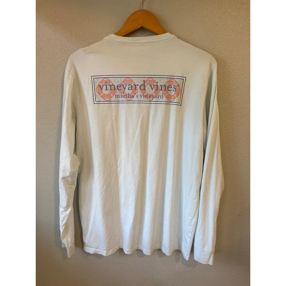 Vineyard Vines Long Sleeve T-Shirt Mens Medium Blue Life Ring Graphic Pocket Tee
